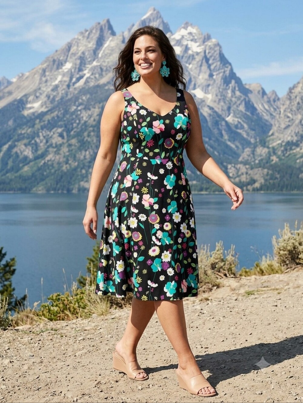City Chic Black Floral Fit & Flare Sleeveless Midi Dress Size 24 or CC XXL
